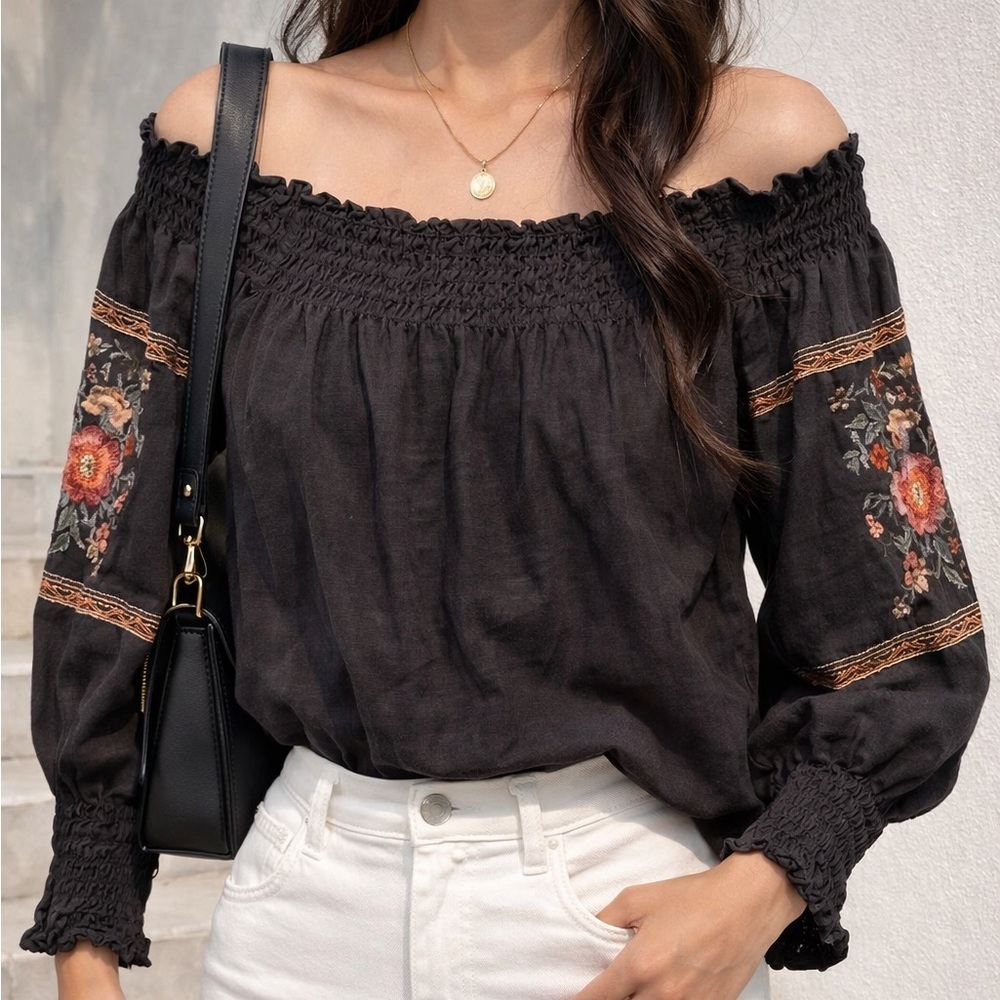 Embroidered Off-Shoulder Top - Black